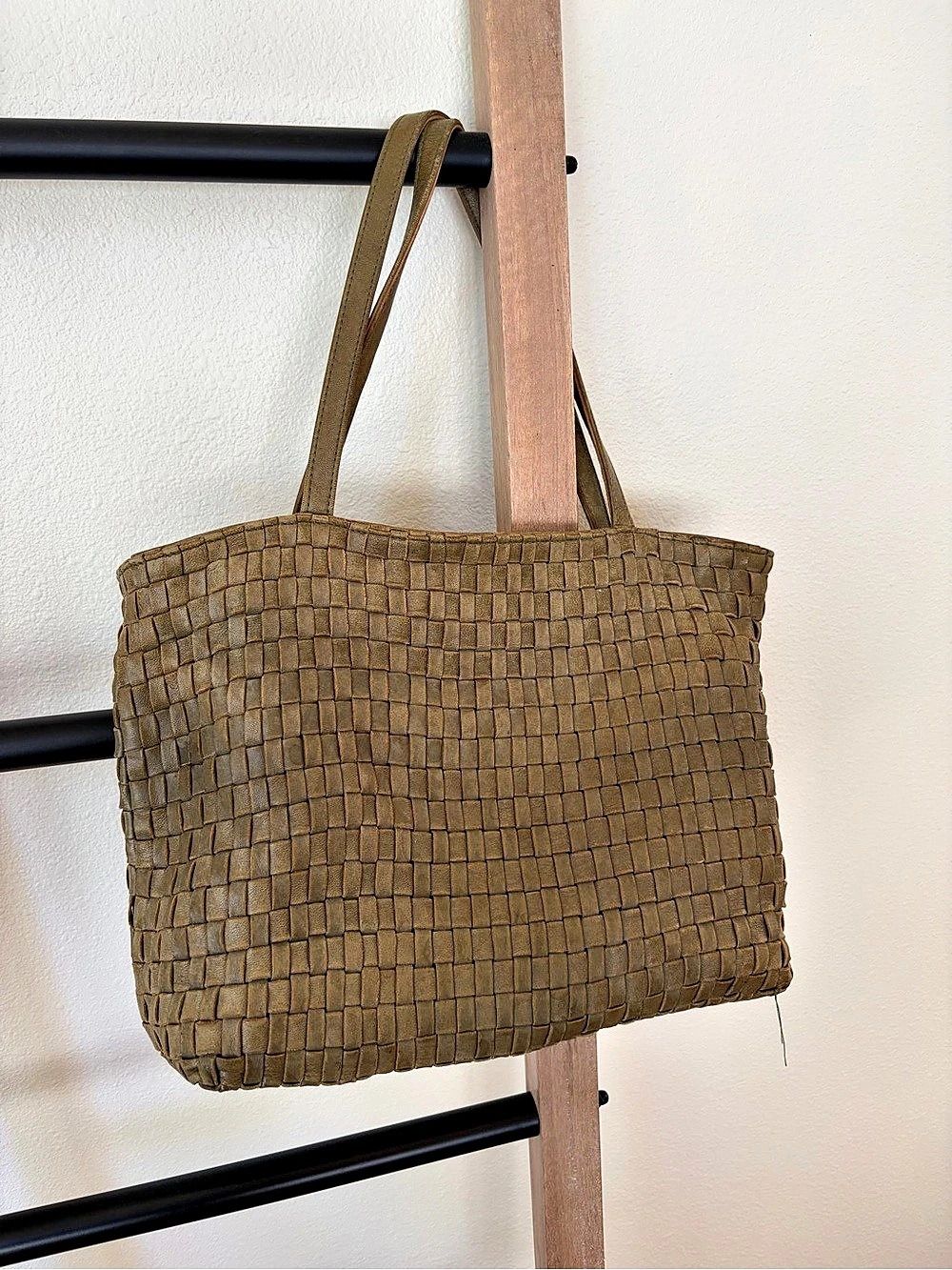 Naterra Olive Green Woven Lamb Leather Tote Bag